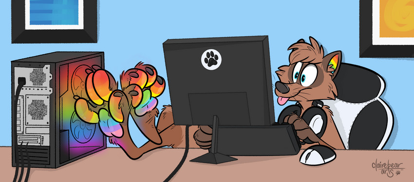 4_toes anthro black_eyebrows black_nose blue_eyes brown_body brown_fur chair claws computer computer_keyboard electronics eyebrows feet feet_up fur furniture hair headphones holding_object legs_up lgbt_pride male markings multicolored_body multicolored_markings office_chair painting pawpads paws pride_colors rainbow_markings sitting six-stripe_rainbow_pride_colors solo supported_legs toes tongue tongue_out whiskers strawbear dakotasoftpaw mammal procyonid raccoon hi_res