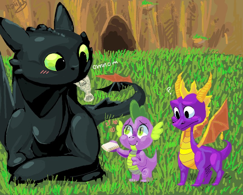 spike, spyro, and toothless (how to train your dragon and etc) created by raiilynezz