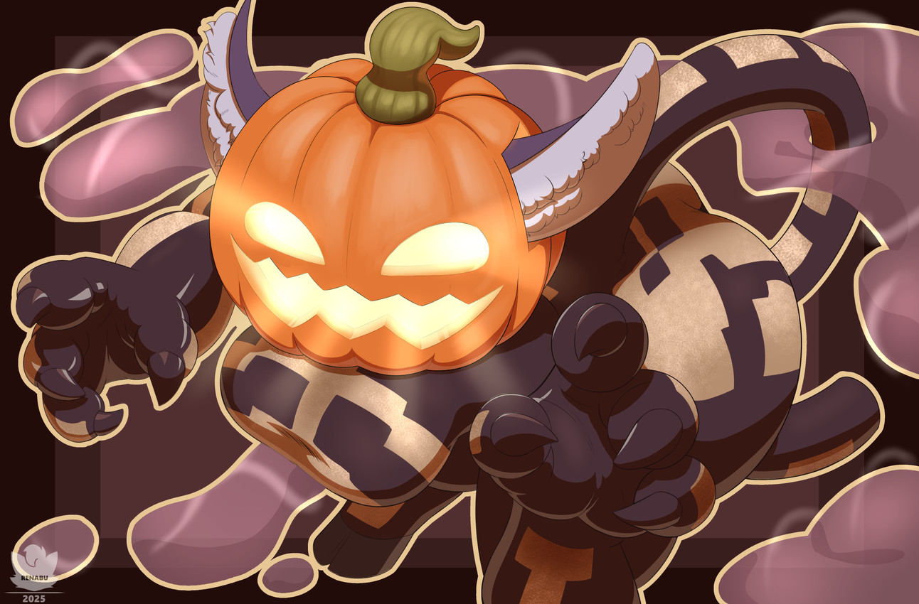 bent_over breasts butt claws clothing cosplay costume female food for_a_head fruit holidays plant pumpkin pumpkin_head smoke tail renabu fortnite:_battle_royale halloween fee_fee spice_(fortnite) bovid caprine mammal object_head sheep hi_res