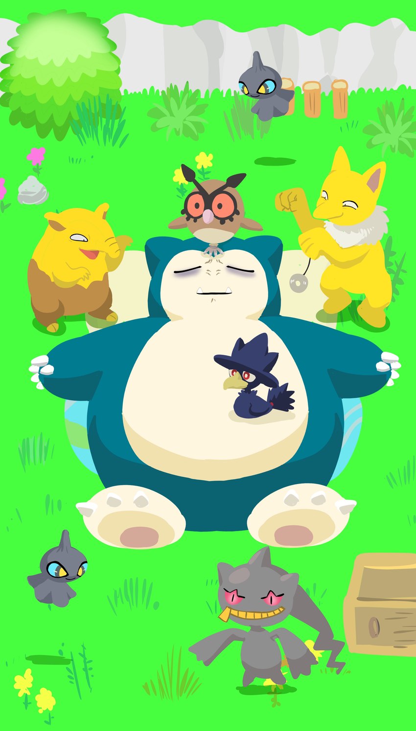 annoyed anthro big_head bothered eye_bags eyes_closed featureless_feet feet gameplay_mechanics grass grin group hypnosis looking_at_another lying mind_control nude on_back open_mouth open_smile outside pendulum plant sleeping smile standing fuanimals nintendo pokemon pokemon_sleep banette drowzee generation_1_pokemon generation_2_pokemon generation_3_pokemon hoothoot humanoid hypno_(pokemon) murkrow pokemon_(species) shuppet snorlax 2023 absurd_res hi_res