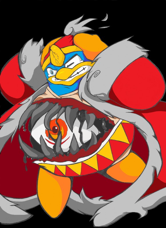 anthro armor belly_mouth black_background blue_eyes clothing coat headgear helmet male one_eye_closed orange_eyes possession sharp_teeth simple_background solo stomach_eye teeth topwear asmallone kirby_(series) nintendo king_dedede avian bird dark_matter_(kirby) penguin hi_res traditional_media_(artwork)