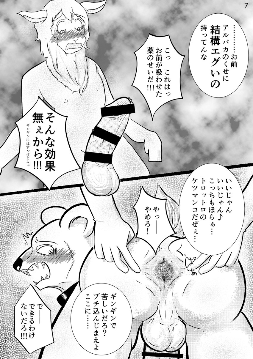 anal anthro anus blush butt dialogue duo erection forced genitals looking_back male male/male penis presenting presenting_hindquarters rape spread_anus spread_butt spreading text k_hashiba beastars riz_(beastars) tem_(beastars) alpaca bear brown_bear camelid mammal ursine censored comic hi_res japanese_text monochrome