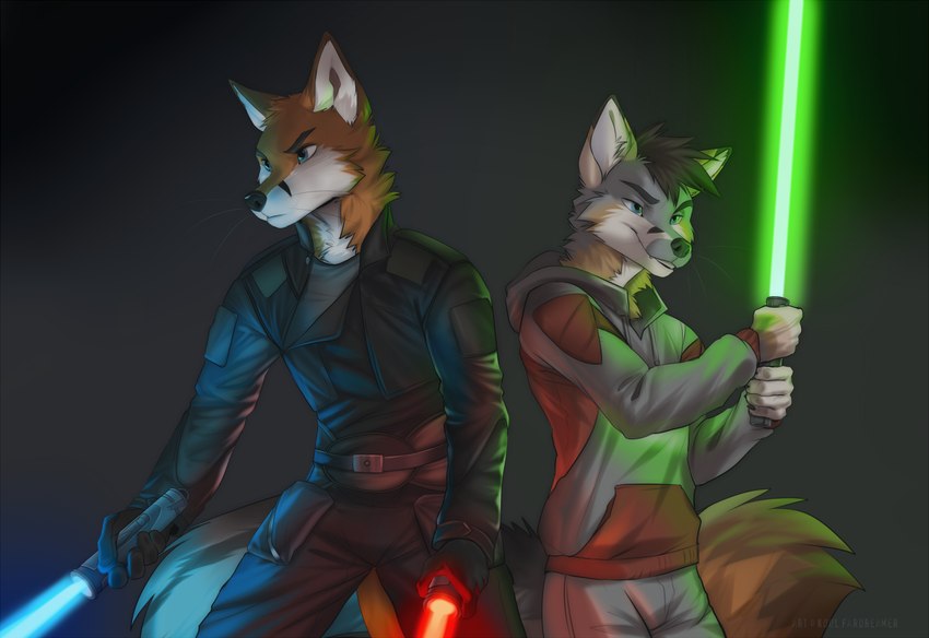 5_fingers anthro brown_body brown_fur clothed clothing duo fingers fur grey_body grey_fur male smile weapon white_body white_fur koul star_wars scott_(scottthefox94) canid canine fox mammal 2021 digital_media_(artwork)