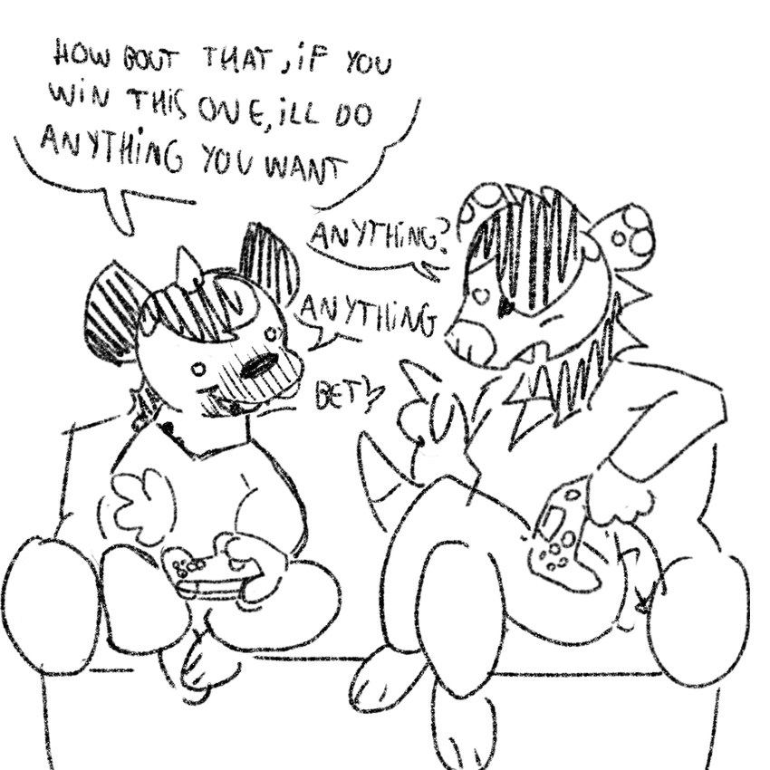 4_fingers anthro bet clothed clothing controller dialogue duo female fingers furniture game_controller horn male sofa teeth text white_eyes wahlgo kurty_(wahlgo) mildread_(wahlgo) american_opossum hyena mammal marsupial spotted_hyena 1:1 black_and_white english_text line_art monochrome sketch