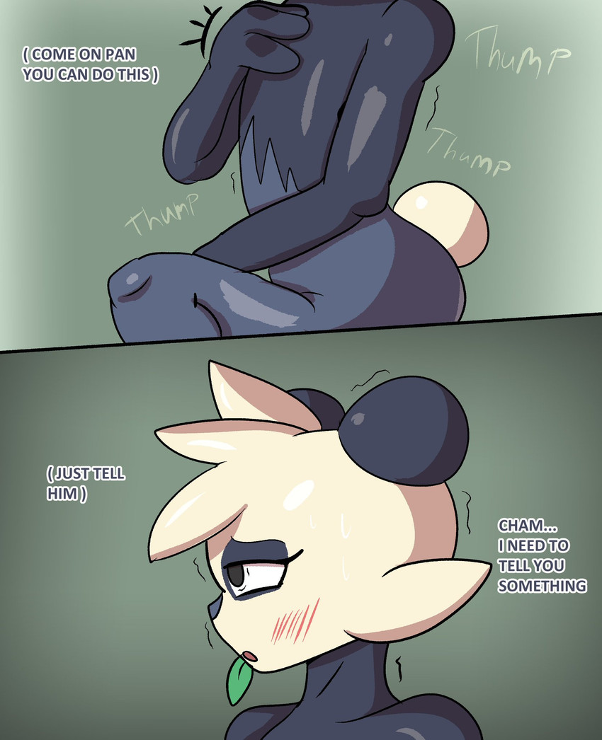 anthro black_body blush dialogue duo femboy heart_beating holding_chest leaf leaf_in_mouth love male onomatopoeia pan_(token_taker) shaking sound_effects tail text thinking token_taker nintendo pokemon generation_6_pokemon pancham pokemon_(species) comic digital_media_(artwork) hi_res