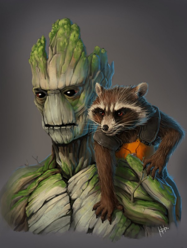 angry anthro armor black_eyes carrying_another claws clothing on_shoulder orange_clothing plant simple_background tree whiskers ketrindarkdragon disney guardians_of_the_galaxy marvel groot rocket_raccoon elemental_creature elemental_humanoid flora_colossus flora_fauna humanoid mammal plant_humanoid procyonid raccoon hi_res