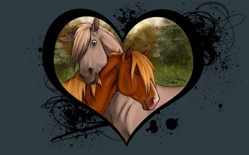 ambiguous_gender blue_eyes brown_body brown_eyes duo feral glistening glistening_eyes grass grey_body mane mouth_closed orange_mane plant shrub tan_mane rufciu equid equine horse mammal 16:10 2014 dated signature widescreen