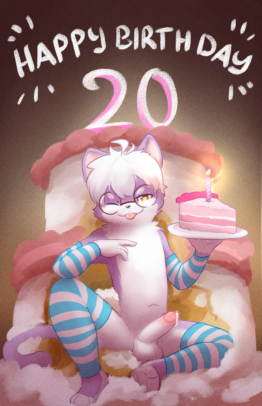 anthro birthday bodily_fluids bottomwear cake clothed clothing cum dessert dog_tags erection femboy food footwear fur genital_fluids genitals happy heart_eyes heart_symbol hoodie kemono male nude penis purple_body purple_fur shirt shy simple_background smile socks solo tail text tongue tongue_out topwear kai_oshima canid canine canis domestic_dog mammal wolf hi_res