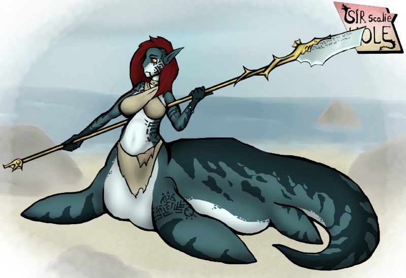 breasts female hair humanoid_pointy_ears melee_weapon non-mammal_breasts pointy_ears polearm red_hair solo spear tattoo tribal weapon sir_scaliehole marine marine_taur mosasaur mosasaur_taur prehistoric_species reptile reptile_taur scalie scalie_taur taur