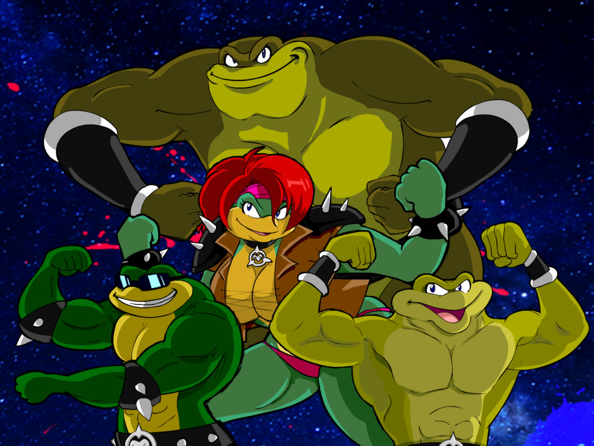 anthro belt clothed clothing eyewear female group male muscular muscular_female muscular_male sunglasses topless topless_male topwear vest anonymous_artist battletoads rareware blista_(anon) fan_character pimple_(battletoads) rash_(battletoads) zitz_(battletoads) amphibian frog toad_(frog) 4:3