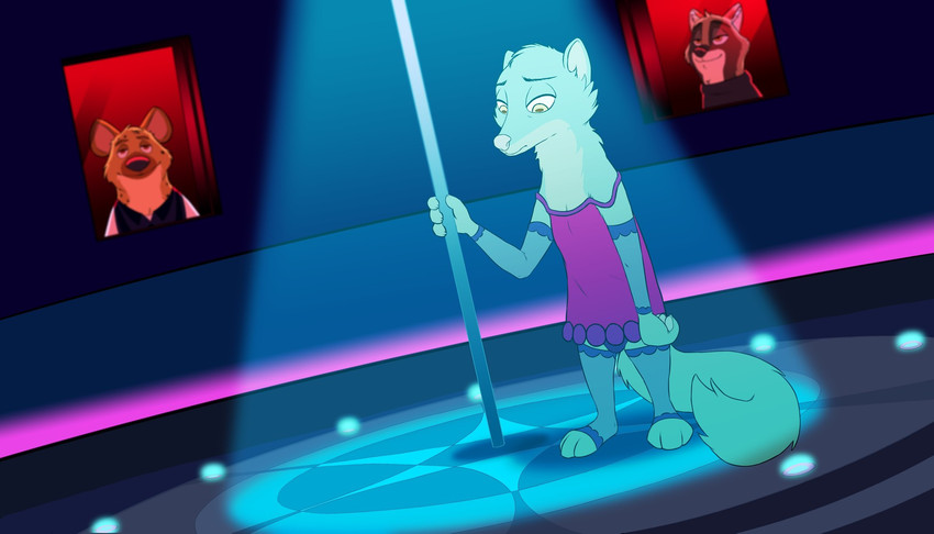 anthro bulge clothed clothing dutch_angle fur group male pole smile spotlight stripper_pole nemonutkin nah_(not-an-artblog) rob_(robcivecat) terry_(a-signature) civet herpestid hyena mammal mongoose viverrid 2020 7:4 hi_res