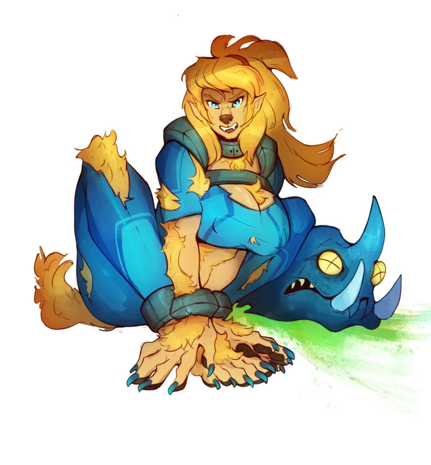 anthro big_breasts blonde_hair blue_eyes breasts claws clothing fangs female finger_claws fur fur_growth growth hair human_to_anthro long_hair looking_at_viewer mid_transformation nipple_outline ponytail simple_background sitting solo species_transformation teeth toe_claws torn_clothing transformation white_background zero_suit sharkrags metroid mythology nintendo samus_aran canid canine mammal mythological_canine mythological_creature werecanid werecanine werecreature werewolf hi_res