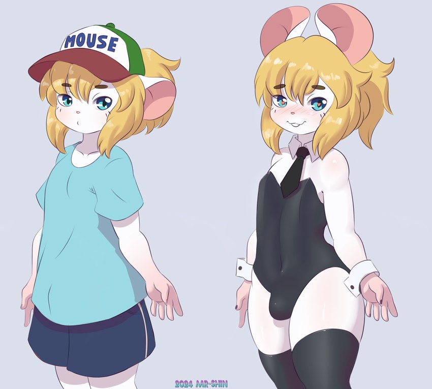 anthro blonde_hair blush bulge bunny_costume clothed clothing costume crossdressing femboy fur hair hat headgear headwear heart_eyes heart_symbol legwear looking_at_viewer male white_body white_fur mr-shin marvin_(mr-shin) mammal mouse murid murine rodent 2024 hi_res