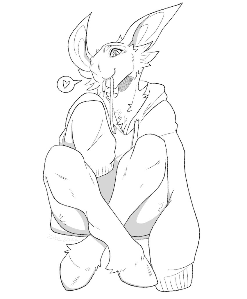 anthro big_ears bottomless cheek_tuft clothed clothing facial_tuft female heart_symbol hoodie hoodie_only hooves looking_at_viewer sitting smile solo topwear topwear_only tuft zibeline anna_(validheretic) goblin humanoid hi_res monochrome