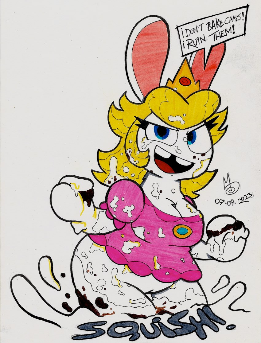 anthro barely_visible_genitalia barely_visible_pussy buckteeth cake clothed clothing dessert dialogue dress female food food_fetish food_play genitals playful pussy slightly_chubby slightly_chubby_female solo teeth sebaku mario_bros mario_plus_rabbids_kingdom_battle nintendo raving_rabbids rayman_(series) ubisoft rabbid_peach lagomorph leporid mammal rabbid rabbit absurd_res crossover hi_res traditional_media_(artwork)