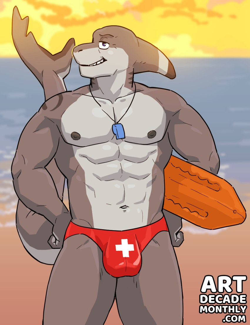 anthro arm_tattoo balls_outline beach biped black_nipples blue_eyes bulge clothing detailed_bulge fin genital_outline gills hands_on_hips head_fin lifeguard male male_anthro muscular muscular_anthro muscular_male navel nipples public sand sea shark_tail sky solo speedo sunset swimwear tail tattoo water website_logo whistle_(object) whistle_around_neck artdecade lysander_hano blacktip_reef_shark carcharhinus fish marine reef_shark requiem_shark shark hi_res signature