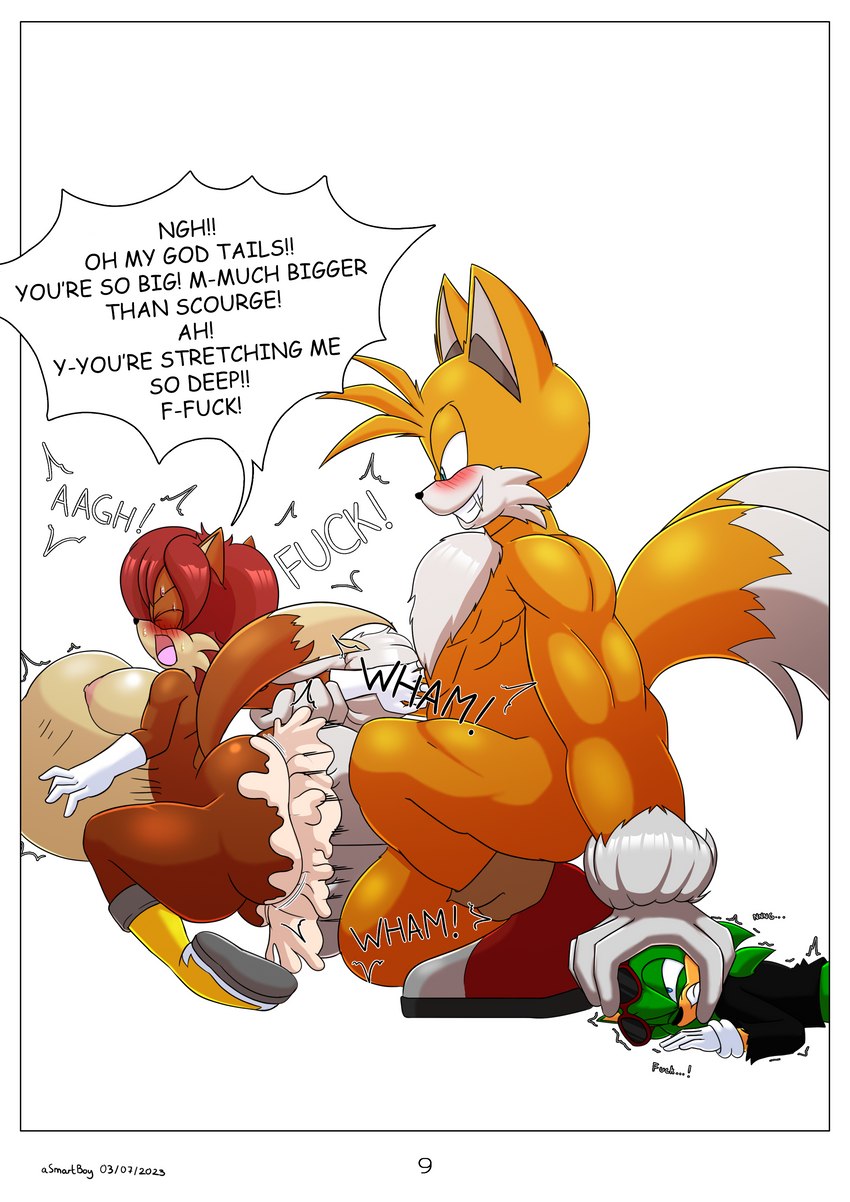 2_tails abdominal_bulge anal anthro balls big_balls big_penis bodily_fluids cum cum_in_ass cum_inflation cum_inside dialogue female genital_fluids genitals group huge_balls huge_penetration huge_penis hyper hyper_balls hyper_genitalia hyper_penis inflation male male/female multi_tail muscular muscular_male penetration penile penile_penetration penis profanity ridiculous_fit size_difference speech_bubble tail text trio asmartboy archie_comics sega sonic_the_hedgehog_(archie) sonic_the_hedgehog_(comics) sonic_the_hedgehog_(series) fiona_fox miles_prower scourge_the_hedgehog canid canine eulipotyphlan fox hedgehog mammal absurd_res english_text hi_res