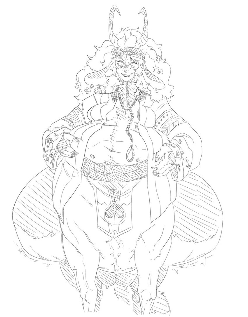 anthro belly big_belly breasts female hand_on_belly horn overweight simple_background solo teats udders white_background grindavikbydaylight brigid_the_goatwife bovid bovid_taur caprine caprine_taur goat goat_taur mammal mammal_taur taur 2019 monochrome