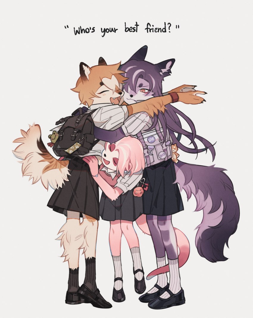 anthro arm_tuft backpack black_clothing black_footwear black_nose black_shoes black_socks brown_body brown_fur calf_tuft clothing countershading elbow_tuft eyes_closed fangs female footwear fur group grumpy hair highlights_(coloring) hug kemono leg_tuft long_hair markings multicolored_body multicolored_fur open_mouth open_smile orange_body orange_fur orange_hair pink_body pink_fur pink_hair pink_tail purple_body purple_fur purple_highlights purple_tail school_uniform short_hair skirts smile socks striped_markings striped_tail stripes tail tail_markings tail_tuft tan_body tan_countershading tan_fur teeth text trio tuft uniform white_clothing white_footwear white_socks huckypaw sehang_(huckypaw) canid canine canis domestic_dog mammal mustelid otter shiba_inu spitz 2022 digital_media_(artwork) english_text hi_res