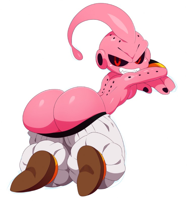 armband big_butt black_nails black_sclera butt butt_cleavage clothing colored_nails footwear looking_at_viewer male mooning nails not_furry pink_body pink_skin presenting presenting_hindquarters red_eyes simple_background smile smirk solo sssonic2 dragon_ball dragon_ball_z kid_buu majin_buu alien alien_humanoid humanoid majin monster hi_res