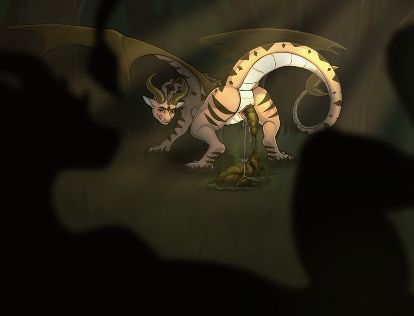 ambiguous_gender animal_genitalia brown_body brown_scales butt claws cloaca curling_tail duo feces feces_on_ground feces_pile female feral forest forest_background genitals grass green_eyes horn licking licking_lips licking_own_lips looking_at_another looking_back looking_back_at_another membrane_(anatomy) membranous_wings narrowed_eyes nature nature_background plant pooping pooping_on_floor raised_tail scales scatplay silhouetted_body smelly smile spread_wings stink_fumes striped_body striped_scales stripes tail tan_body tan_scales text toe_claws tongue tongue_out tree urate white_body white_scales wings rex_yi mythology alenn mirah dragon mythological_creature mythological_scalie scalie artist_name hi_res male_(lore)