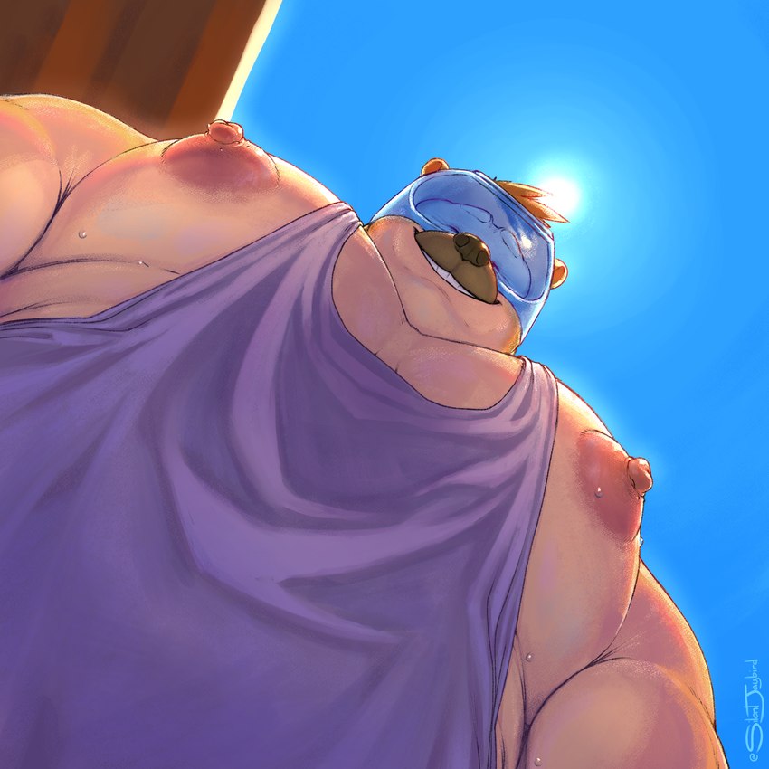 anthro big_muscles big_pecs bodily_fluids clothing eyewear goggles huge_muscles huge_pecs looking_at_viewer male meme_pose muscular muscular_male nipples pecs shirt solo sweat tank_top topwear upward_angle silentjay pec_pov_meme mammal mustelid otter absurd_res hi_res