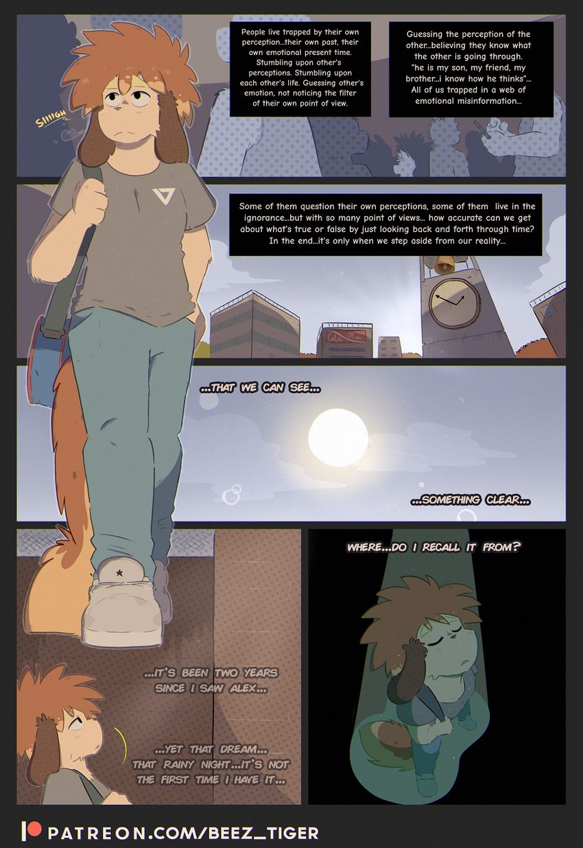 anthro bell building clock clothing cloud eyes_closed male outside patreon_logo sun text beez patreon stan_(beez) canid canine canis domestic_dog mammal 2022 comic english_text hi_res url