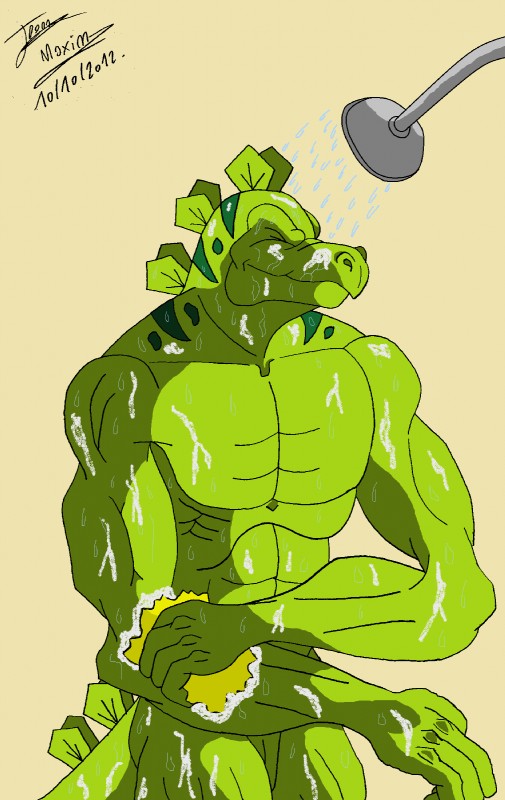 abs anthro biceps casual_nudity eyes_closed green_body green_skin male muscular muscular_anthro muscular_male nude pecs scales shower shower_head solo tail water wet maxime-jeanne extreme_dinosaurs stegz dinosaur ornithischian prehistoric_species reptile scalie stegosaurian stegosaurus thyreophoran 2012 hi_res