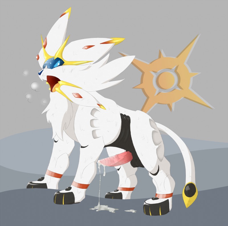 animal_genitalia balls bodily_fluids cum cum_drip dripping erection feral fur genital_fluids genitals male penile_spines penis presenting sheath simple_background solo sweat tongue vogold nintendo pokemon felid generation_7_pokemon legendary_pokemon mammal pokemon_(species) solgaleo 2016 hi_res