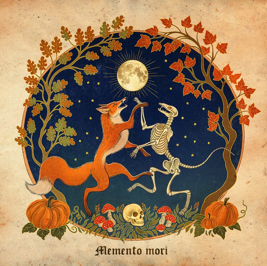 ambiguous_gender autumn blackletter bone dancing duo feral food fruit full_moon fungus fur holidays leaf moon mushroom night orange_body orange_fur plant pumpkin skeleton skull star text maquenda halloween memento_mori animated_skeleton canid canine fox mammal undead color_contrast hi_res latin_text