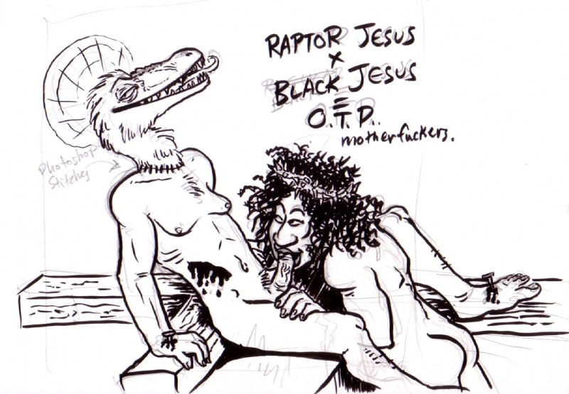 anthro blasphemy blood bodily_fluids butt cross duo erection fellatio genitals halo interspecies looking_at_viewer male male/male male_penetrated male_penetrating male_penetrating_male nail nude oral oral_penetration penetration penile penis profanity religion sacrilegious sex simple_background text tongue tongue_out vein what white_background unknown_artist black_jesus jesus_christ raptor_jesus reptile scalie english_text meme