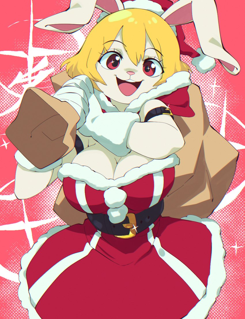 anthro armwear belt belt_buckle big_breasts blonde_hair breasts buckle christmas_clothing christmas_headwear christmas_present clothing costume eye_contact female fur gift gloves hair handwear hat headgear headwear holidays huge_breasts looking_at_another looking_at_viewer open_mouth pattern_background red_eyes santa's_bag santa_costume santa_dress santa_hat simple_background smile solo white_body white_fur aetherionart christmas one_piece carrot_(one_piece) lagomorph leporid mammal minkmen_(one_piece) rabbit 2022 hi_res