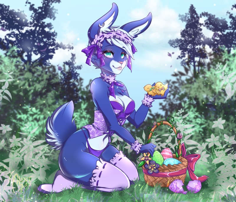 anthro basket blue_body blue_fur breasts clothed clothing container corset easter_egg female flower fur hair holidays legwear lingerie looking_at_viewer panties plant ribbons solo stockings topwear tree underwear white_hair ghostblanketboy easter lagomorph leporid mammal rabbit 2017