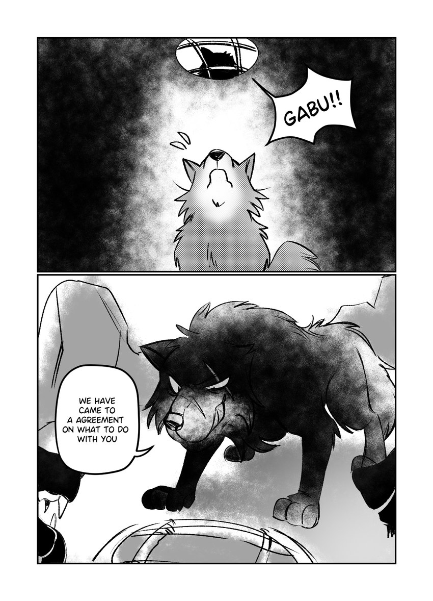 black_body black_fur border dialogue feral fur group looking_down male scar screaming smile standing text white_border catlord one_stormy_night gabu giro_(one_stormy_night) canid canine canis mammal wolf black_and_white comic english_text greyscale hi_res monochrome