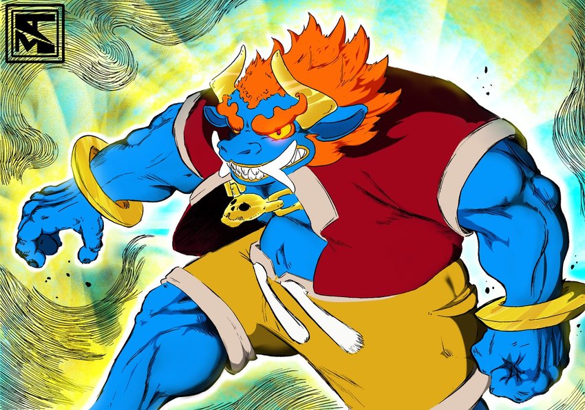 anthro belly blue_body bottomwear clothed clothing hair horn male muscular muscular_anthro muscular_male navel open_clothing open_shirt open_topwear pecs red_hair shirt shorts solo topwear tusks aurexlemandarin kings_of_hell yama_(kings_of_hell) demon