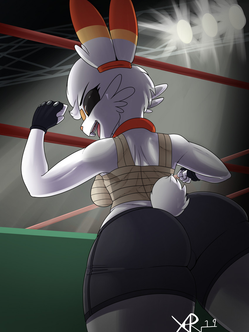 anthro anthrofied breasts butt clothed clothing female fighting_ring fingerless_gloves gloves handwear low-angle_view rear_view solo xerlexer nintendo pokemon generation_8_pokemon lagomorph mammal pokemon_(species) scorbunny 3:4 absurd_res hi_res