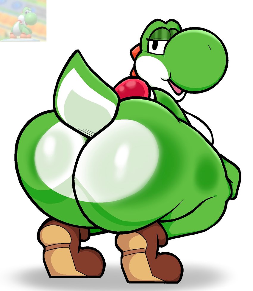 anthro big_breasts big_butt breasts butt clothing female footwear huge_butt looking_at_viewer shoes simple_background solo tail thick_thighs white_background lewdewott mario_bros nintendo dinosaur green_yoshi prehistoric_species reptile scalie yoshi digital_media_(artwork) hi_res