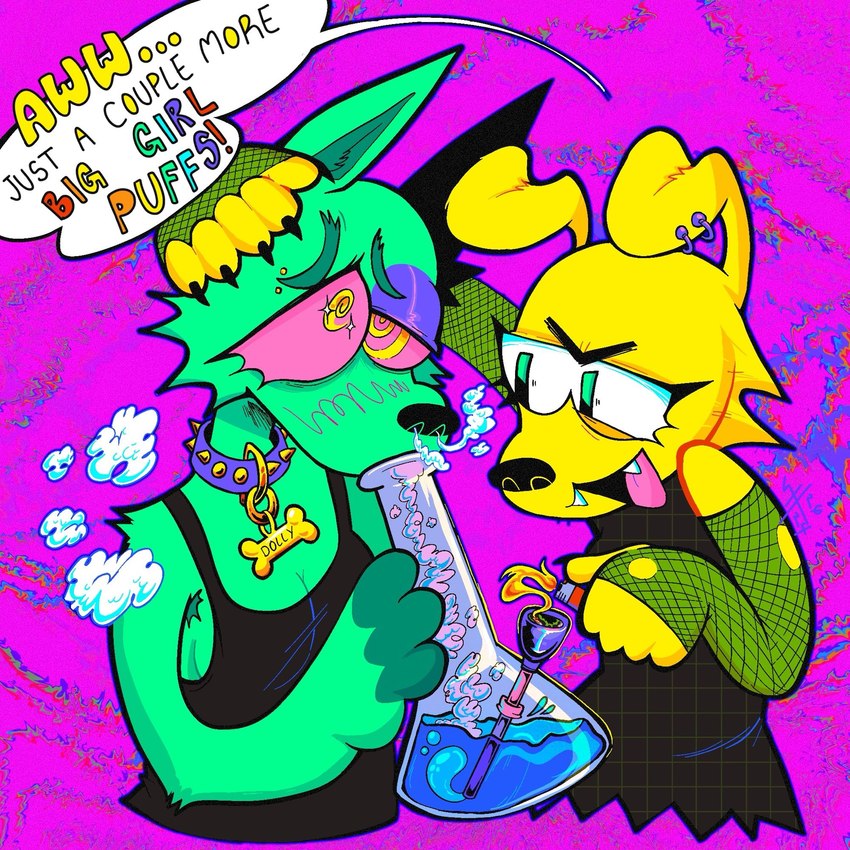 abstract_background anthro blush bone_tag bong clothing collar drugs duo ear_piercing eyebrow_piercing facial_piercing female fingerless_gloves fishnet_clothing fishnet_gloves fishnet_handwear forced_smoking gloves green_body hand_on_head handwear holding_bong holding_lighter holding_object inhaling lighter marijuana piercing pink_background pink_sclera simple_background smile smoke sparkles sparkling_eyes speech_bubble spiked_collar spikes spiral_eyes substance_intoxication tongue tongue_out yellow_body ickyslicky canid canine canis domestic_dog mammal 1:1 hi_res
