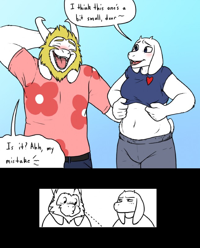 anthro beard blush breasts clothing duo facial_hair female fur hair horn long_ears male male/female mature_anthro mature_female mature_male midriff navel text white_body white_fur that_kei_guy undertale undertale_(series) asgore_dreemurr toriel boss_monster_(undertale) bovid caprine mammal 2015 digital_media_(artwork) english_text hi_res