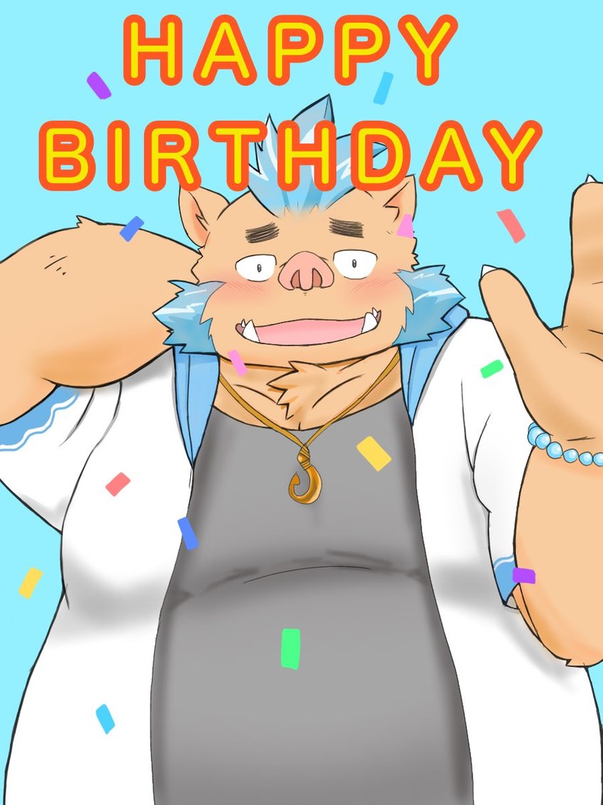 anthro belly big_belly blue_background blue_hair blush clothing fur hair hoodie kemono male overweight overweight_anthro overweight_male shirt simple_background solo tan_body tan_fur text topwear p9ck0flzndagqio lifewonders tokyo_afterschool_summoners ganglie_(tas) mammal suid suine sus_(pig) wild_boar 2021 3:4 half-length_portrait hi_res portrait