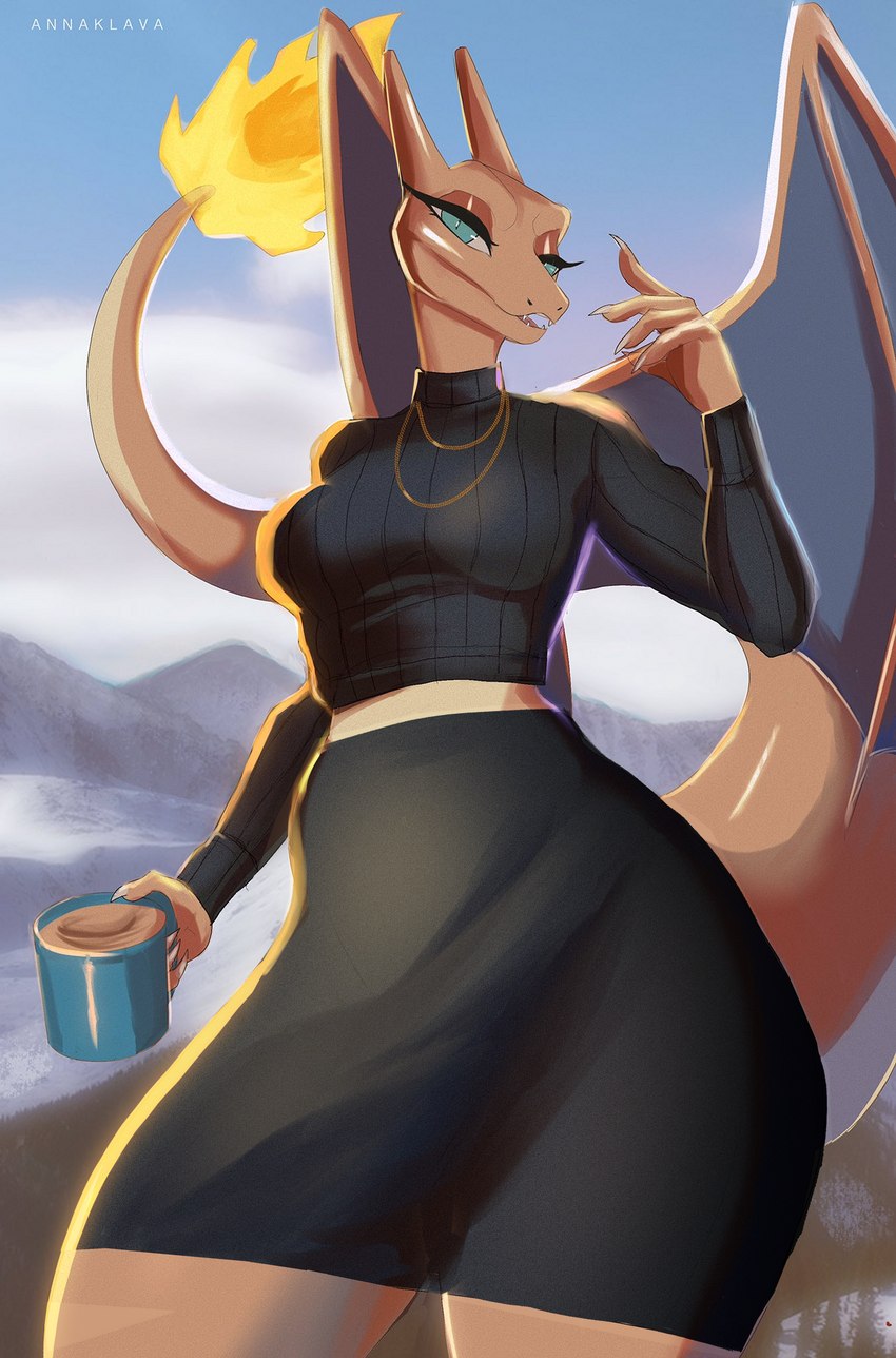 anthro bottomwear breasts clothing coffee_cup collar container cup female fire flaming_tail gold_(metal) gold_collar metal_collar skirt solo tail wings annaklava mythology nintendo pokemon charizard dragon generation_1_pokemon mythological_creature mythological_scalie pokemon_(species) scalie absurd_res hi_res