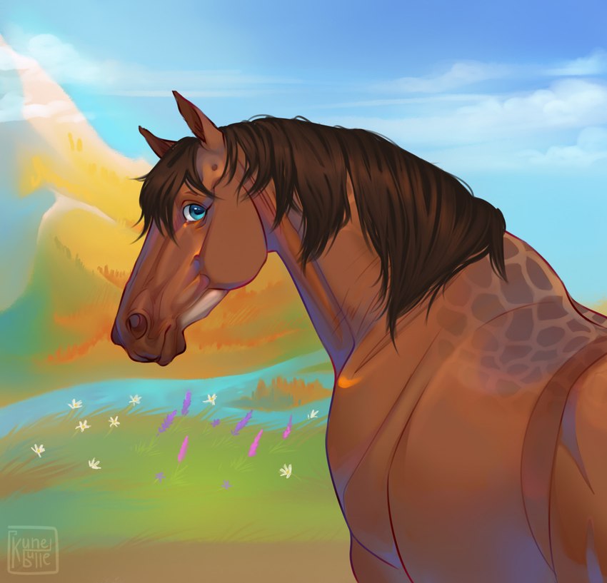 ambiguous_gender blue_eyes brown_body brown_hair brown_mane feral grass hair looking_at_viewer looking_back looking_back_at_viewer mane mountain plant simple_background solo kanelbulle dolero equid equine horse mammal 2022 digital_media_(artwork) half-length_portrait hi_res portrait