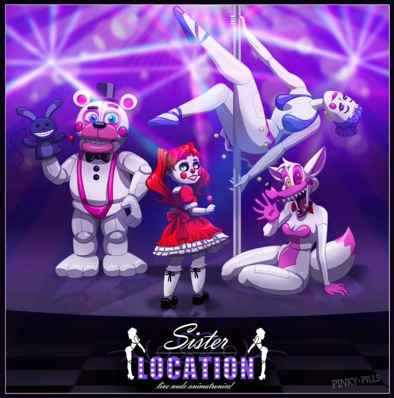 anthro ball_gag black_border border breasts eyes_closed female gag grin group hand_puppet lipstick looking_at_viewer looking_back machine makeup male one_eye_closed pole puppet sharp_teeth smile strip_club stripper_pole teeth whip wink pinkypills_(artist) five_nights_at_freddy's scottgames sister_location ballora_(fnafsl) circus_baby_(fnaf) funtime_foxy_(fnaf) funtime_freddy_(fnafsl) puppet_bonnie_(fnafsl) animatronic bear canid canine fox human lagomorph mammal robot 2016 digital_media_(artwork) hi_res