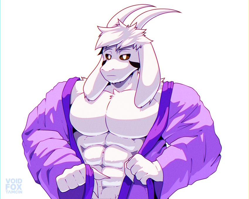 5_fingers abs anthro barazoku bathrobe big_muscles big_pecs clothed clothing fingers fur hair horn huge_muscles humanoid_hands logo long_ears long_horn looking_at_viewer male manly muscular muscular_anthro muscular_male pecs purple_bathrobe purple_clothing purple_robe robe simple_background solo white_background white_body white_fur white_hair voidfoxtamcin undertale undertale_(series) asriel_dreemurr_(god_form) bovid caprine goat mammal 2024 5:4 artist_logo artist_name colored digital_drawing_(artwork) digital_media_(artwork) hi_res