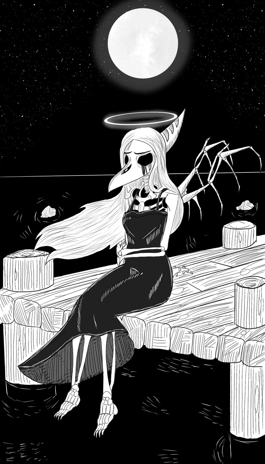 afterlife alternate_form anthro barefoot beak biped black_clothing black_dress blood blood_from_eye bodily_fluids bone bone_frill clothing dress eyeless feet female flowing_hair frill_(anatomy) hair halo hand_on_arm legs_over_edge light long_hair moon moonlight night pier rib_cage river_styx short_tail sitting skeleton skull sky slim snout solo star tail waiting water wings gothgator0 cavemanon_studios goodbye_volcano_high snoot_game fang_(gvh) animated_skeleton prehistoric_species pterodactylus pterosaur reptile scalie undead 4:7 absurd_res digital_drawing_(artwork) digital_media_(artwork) hi_res monochrome