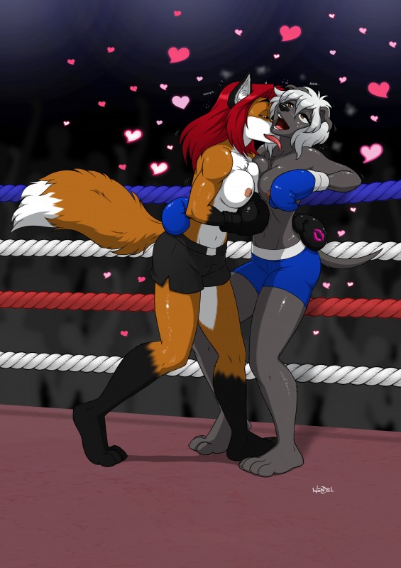 4_toes anthro areola athletic barefoot belly big_breasts black_body black_fur black_nose bodily_fluids bottomwear boxing boxing_gloves breast_squish breasts breasts_frottage brown_eyes chest_tuft claws clothed clothing dipstick_tail duo eyebrows eyelashes feet female female/female fight fighting_ring fur gloves_(marking) grey_belly grey_body grey_breasts grey_fur grey_tail gutpunch hair half-closed_eyes handwear heart_symbol inner_ear_fluff leg_markings licking looking_pleasured markings motion_lines multicolored_body multicolored_fur multicolored_tail narrowed_eyes navel nipples open_mouth orange_body orange_fur orange_tail paws pink_areola pink_nipples pink_tongue plantigrade punch red_hair shorts socks_(marking) sport squish sweat tail tail_markings teeth toe_claws toes tongue tongue_out topless tuft white_belly white_body white_breasts white_fur white_hair white_tail wendel_fragoso jessica_becker velvet_(zombiefist25) canid canine canis domestic_dog fox greyhound hunting_dog mammal sighthound 2019 absurd_res hi_res signature