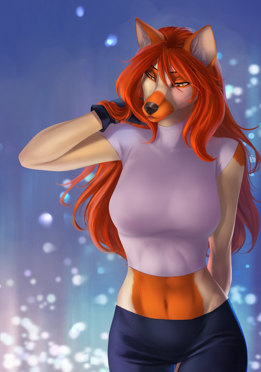 anthro black_nose blue_bottomwear blue_clothing bottomwear breasts clothed clothing curvy_figure eyebrows eyelashes female gloves hair handwear midriff navel pose red_hair simple_background solo topwear white_clothing white_topwear yellow_eyes elvofirida hera_(hera) canid canine canis domestic_dog german_shepherd herding_dog mammal pastoral_dog 2021 digital_media_(artwork) hi_res pinup portrait three-quarter_portrait