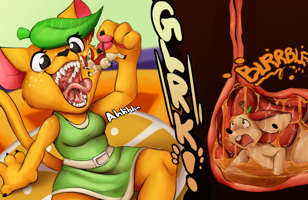 anthro blush blush_lines bodily_fluids breasts cat_tail claws clothed clothing drooling duo extreme_size_difference female female_pred finger_claws freckles leaf leaf_hair male male/female micro mouse_tail mouth_shot open_mouth organs plant plant_hair pseudo_hair rumbling_stomach saliva saliva_on_tongue saliva_string sharp_teeth size_difference small_breasts stomach stomach_acid tail tail_grab teeth vore muhny animal_crossing nintendo tangy_(animal_crossing) domestic_cat felid feline felis mammal mouse murid murine rodent