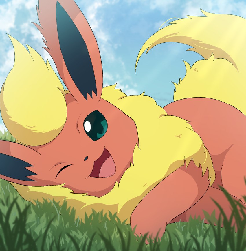 ambiguous_gender feral fur green_eyes lying on_side one_eye_closed orange_body orange_fur quadruped smile solo yellow_body yellow_fur rumine nintendo pokemon eeveelution flareon generation_1_pokemon pokemon_(species)