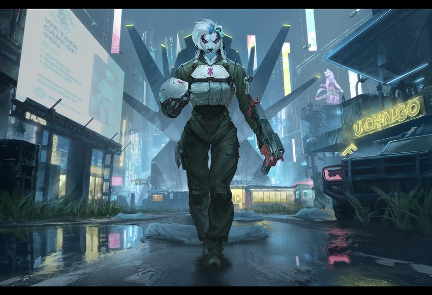 anthro black_bars city cyberpunk female future megapolis military night science_fiction solo town conditional_dnp latex_(artist) badger mammal mustelid musteline 2023 hi_res letterbox